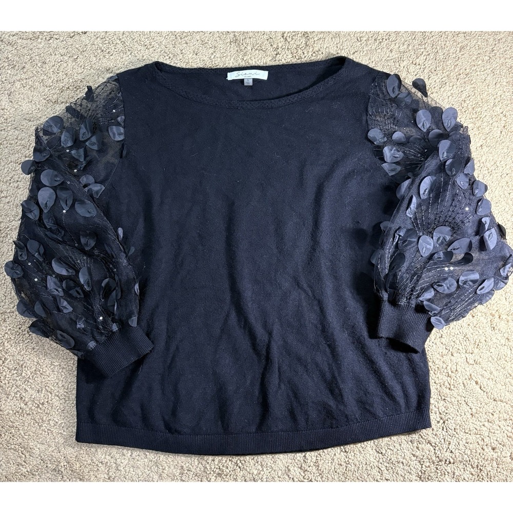 Sioni Milano Sweater Women‎ Large Floral Applique Puff Sleeves Whimsigoth Witchy